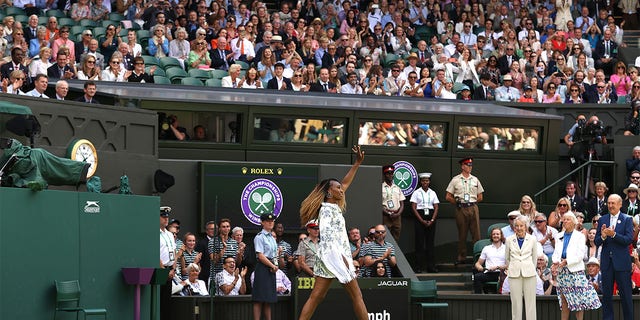 Venus Williams walks onto court during the Centre Court Centenary Celebration during day seven of The Championships Wimbledon 2022 at All England Lawn Tennis and Croquet Club on July 03, 2022 in London, England. 