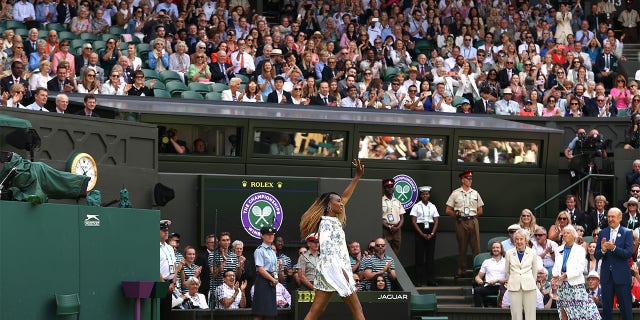 Venus Williams walks onto court during the Centre Court Centenary Celebration during day seven of The Championships Wimbledon 2022 at All England Lawn Tennis and Croquet Club on July 03, 2022 in London, England. 