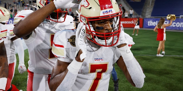 Birmingham Stallions wide receiver Victor Bolden Jr. (7) celebrates after a 19-yard touchdown reception against the New Orleans Breakers during a USFL game April 30, 2022, at Protective Stadium in Birmingham, Ala.