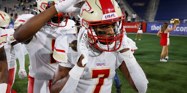 Birmingham Stallions wide receiver Victor Bolden Jr. (7) celebrates after a 19-yard touchdown reception against the New Orleans Breakers during a USFL game April 30, 2022, at Protective Stadium in Birmingham, Ala.