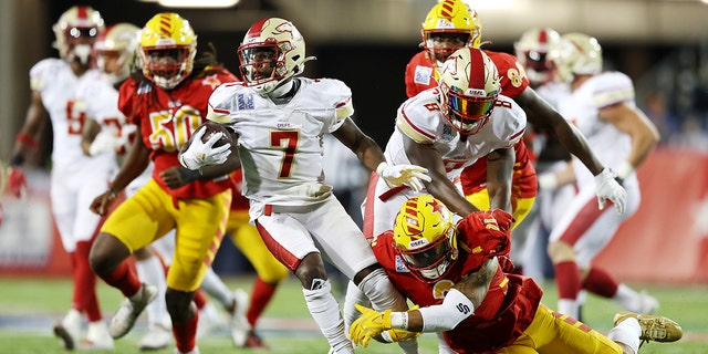 Victor Bolden Jr. #7 of the Birmingham Stallions runs with the ball on a kickoff return during the third quarter against the Philadelphia Stars in the USFL Championship game at Tom Benson Hall Of Fame Stadium on July 03, 2022 in Canton, Ohio.