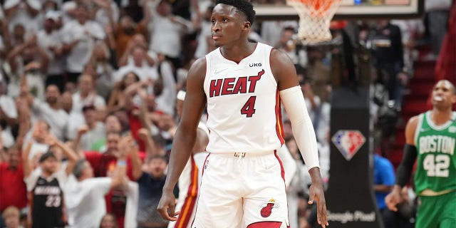 Victor Oladipo #4 of the Miami Heat looks on during Game 7 of the 2022 NBA Playoffs Eastern Conference Finals on May 29, 2022 at FTX Arena in Miami, Florida.