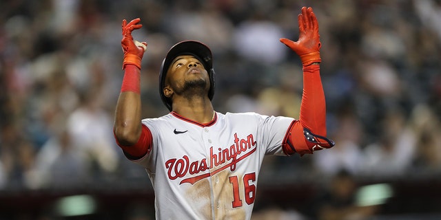 Victor Robles (16) of the Washington Nationals celebrates his home run during the game between the Washington Nationals and the Arizona Diamondbacks at Chase Field on July 23, 2022, in Phoenix, Arizona.