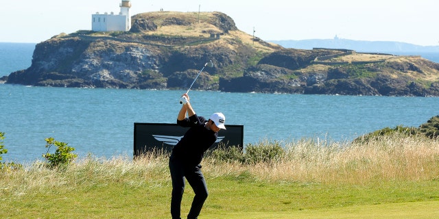 Viktor Hovland of Norway plays their second shot on the 13th during Day One of the Genesis Scottish Open at The Renaissance Club on July 07, 2022 in North Berwick, Scotland.