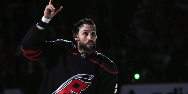 Vincent Trocheck #16 of the Carolina Hurricanes is named first star of the game against the New York Rangers in Game Five of the Second Round of the 2022 Stanley Cup Playoffs at PNC Arena on May 26, 2022 in Raleigh, North Carolina. The Hurricanes defeated the Rangers 3-1. 