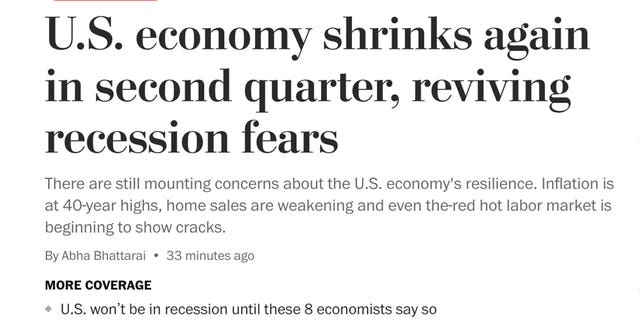 A Washington Post headline says the second quarter negative GDP numbers were "reviving" recession fears.