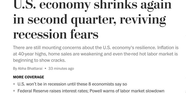 A Washington Post headline says that the second quarter negative GDP numbers were "reviving" recession fears.