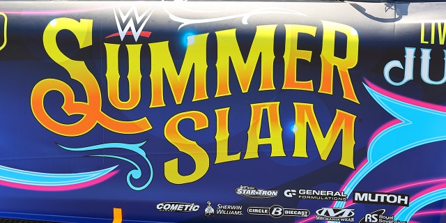 A general view of the Corey LaJoie (#7 Spire Motorsports WWE SummerSlam on Peacock Chevrolet) prior to the NASCAR Cup Series M&MS Fan Appreciation 400 on July 24, 2022, at Pocono Raceway in Long Pond, Pennsylvania.