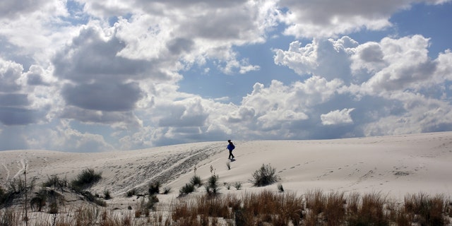 A woman carries a sled used for sledding the white sand dunes of White Sands National Monument park area near Alamogordo, New Mexico October 6, 2015. 