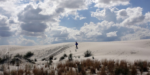A woman carries a sled used for sledding the white sand dunes of White Sands National Monument park area near Alamogordo, New Mexico October 6, 2015.