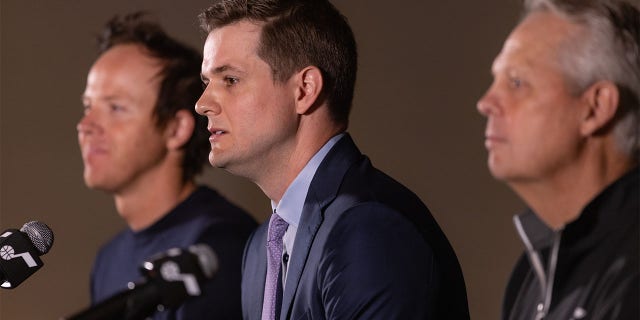 Ryan Smith Owner, Will Hardy Head Coach and Danny Ainge CEO of Basketball Operations of the Utah Jazz speak during a press conference about Will Hardy as the new Head Coach at vivint.SmartHome Arena on July 05, 2022 in Salt Lake City, Utah.