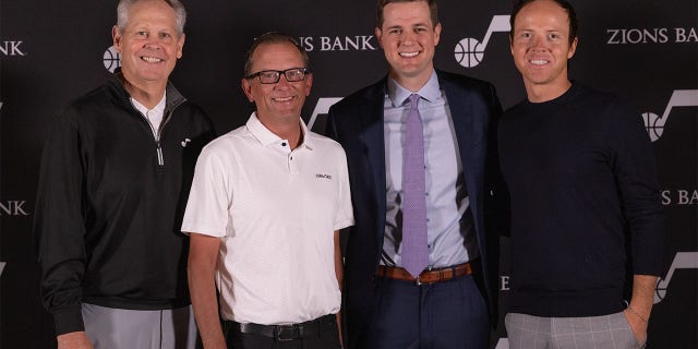 Danny Ainge CEO of Basketball Operations, Justin Zanik General Manager, Will Hardy Head Coach and Ryan Smith Owner of the Utah Jazz speaks posing for a photograph after a press conference about Will Hardy as the new Head Coach of the Utah Jazz at vivint.SmartHome Arena on the 5th. July 2022 in Salt Lake City, Utah.