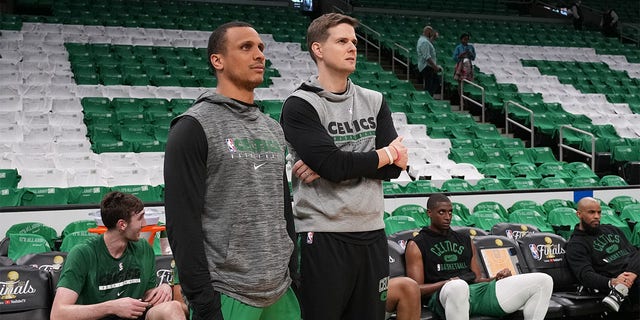 Assistant Coaches, Joe Mazzulla and Will Hardy of the Boston Celtics talk before Game Three of the 2022 NBA Finals on June 8, 2022 at the TD Garden in Boston, Massachusetts.  