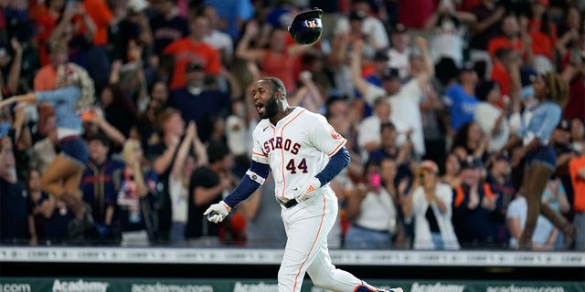 Houston Astros designated hitter Yordan Alvarez (44) celebrates after his walkoff home run during the ninth inning of a baseball game against the Kansas City Royals, Monday, July 4, 2022, in Houston. 