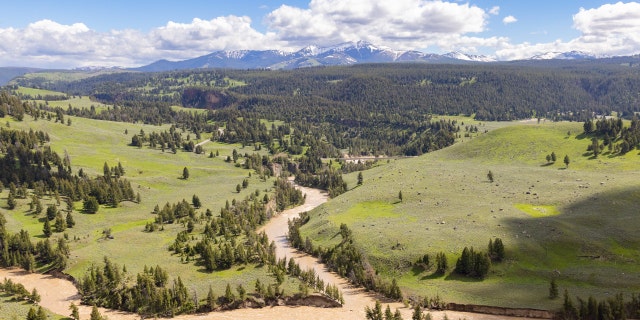 An aerial view of the confluence of Lamar and Yellowstone rivers with Yellowstone River Bridge in the distance.