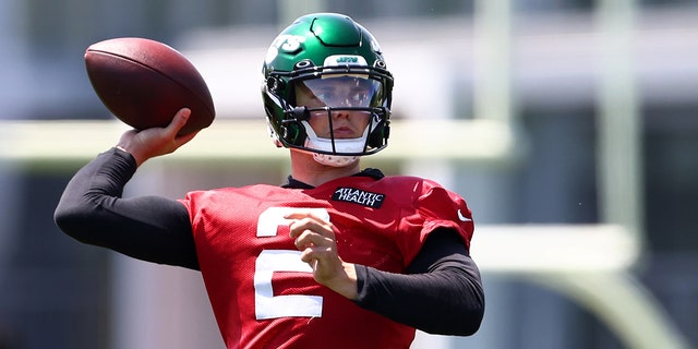 Quarterback Zach Wilson, #2 of the New York Jets, during New York Jets mandatory minicamp at Atlantic Health Jets Training Center on June 15, 2022 in Florham Park, New Jersey.