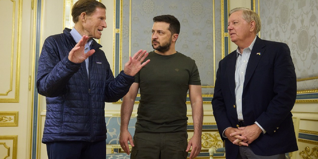 Ukrainian President Volodymyr Zelenskyy, center, meets with Sen. Richard Blumenthal, D-Conn., and Lindsey Graham, R-S.C., in Kyiv, Ukraine