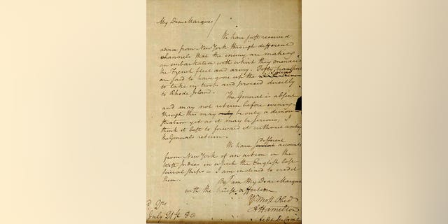 This image filed May 15, 2019, in federal court as part of a forfeiture complaint by the U.S. attorney's office in Boston, shows a 1780 letter from Alexander Hamilton to the Marquis de Lafayette, which was stolen from the Massachusetts Archives decades ago. The letter, which was returned to the state, will be put on public display at the Commonwealth Museum July 4, 2022, for the first time since it was returned after a lengthy court battle.