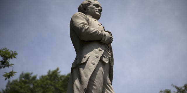 The statue of Alexander Hamilton stands in Central Park, New York on July 28, 2015. 