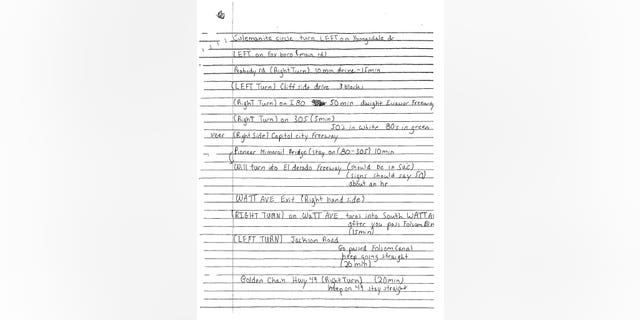 Photo shows one page of directions allegedly written by Alexis Gabe's ex-boyfriend, who is believed to have disposed of her body in the area to which the directions lead