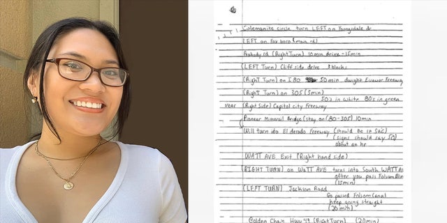 Alexis Gabe (L) has been missing from Antioch, California, since January. Scanned image (R) shows one page of handwritten directions