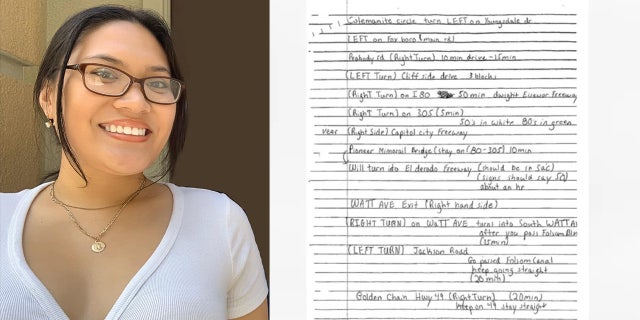 Alexis Gabe (L) has been missing from Antioch, California, since January. Scanned image (R) shows one page of handwritten directions
