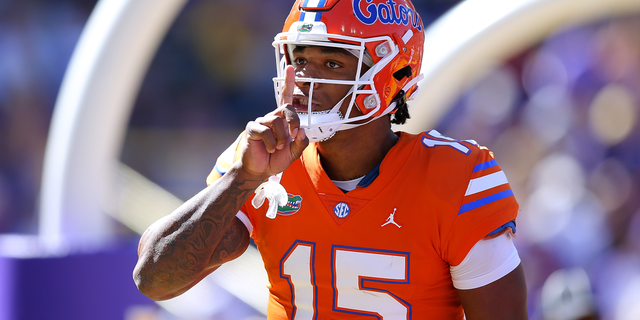 Anthony Richardson, #15 of the Florida Gators, reacts against the LSU Tigers during a game at Tiger Stadium on October 16, 2021 in Baton Rouge, Louisiana.