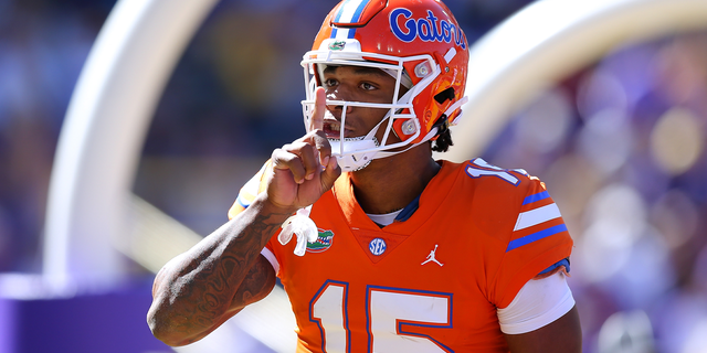 Anthony Richardson, #15 of the Florida Gators, reacts against the LSU Tigers during a game at Tiger Stadium on October 16, 2021 in Baton Rouge, Louisiana.