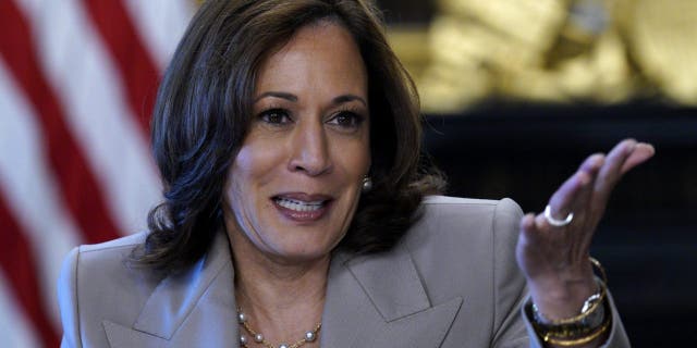 US Vice President Kamala Harris speaks while meeting with state legislative leaders in the Vice President's Ceremonial Office in Washington, D.C., US, on Friday, July 8, 2022.