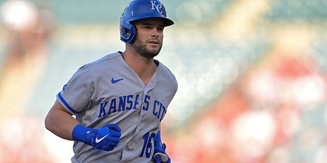 Andrew Benintendi, No. 16 of the Kansas City Royals, beats the bases on his two-run home run in the first inning against the Los Angeles Angels at Angel Stadium in Anaheim on June 20, 2022 in Anaheim, California.
