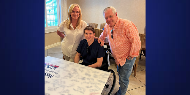 FOX News Media CEO Suzanne Scott and FOX News Media President and Executive Editor Jay Wallace visit State Department Correspondent Benjamin Hall at the Brooke Army Medical Center in Texas.