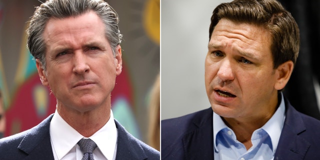 Democratic Gov.  Gavin Newsom of California, left, said the new guidelines are voluntary and have no immediate impact on either children or parents.  Florida Gov.  Ron DeSantis is on the right.