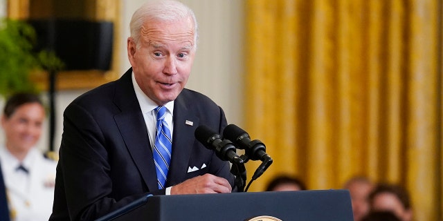 President Joe Biden speaks before he awards the Presidential Medal of Freedom, to 17 people at the White House in Washington, Thursday, July 7, 2022. (AP Photo/J. Scott Applewhite)