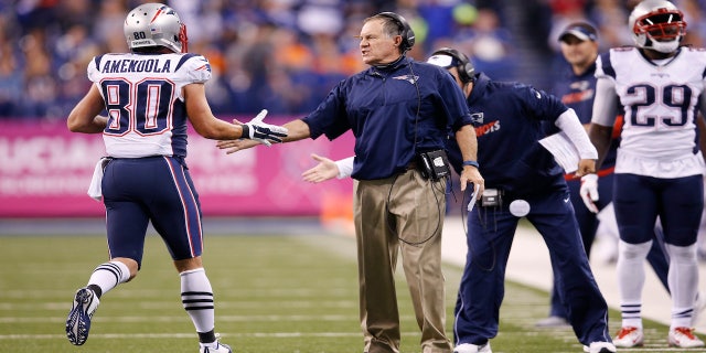 Head coach Bill Belichick of the New England Patriots congratulates Danny Amendola #80 after a touchdown against the Indianapolis Colts in the second quarter of the game at Lucas Oil Stadium on Oct. 18, 2015 in Indianapolis, Indiana.