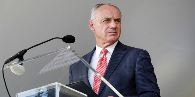 MLB Commissioner Rob Manfred speaks at the Baseball Hall of Fame induction ceremony at the Clark Sports Center on July 24, 2022 in Cooperstown, New York.