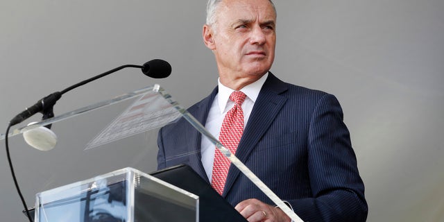 MLB Commissioner Rob Manfred speaks during the Baseball Hall of Fame induction ceremony at the Clark Sports Center on July 24, 2022 in Cooperstown, NY