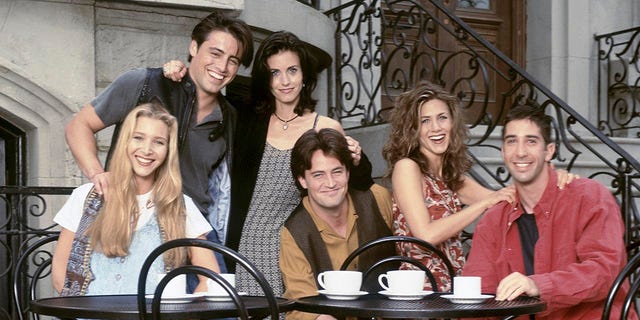 The cast of "Friends": Lisa Kudrow as Phoebe Buffay, Matt LeBlanc as Joey Tribbiani, Courteney Cox Arquette as Monica Geller, Matthew Perry as Chandler Bing, Jennifer Aniston as Rachel Green, David Schwimmer as Ross Geller. 