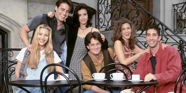 The cast of "Friends": Lisa Kudrow as Phoebe Buffay, Matt LeBlanc as Joey Tribbiani, Courteney Cox Arquette as Monica Geller, Matthew Perry as Chandler Bing, Jennifer Aniston as Rachel Green, David Schwimmer as Ross Geller. 