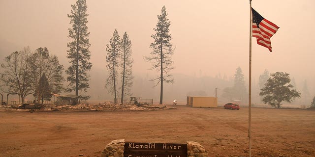 The Klamath River Community Hall is seen destroyed by the McKinney Fire in California, Saturday, July 30, 2022.