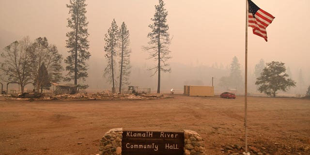 The Klamath River Community Hall is seen destroyed by the McKinney Fire in California, Saturday, July 30, 2022.