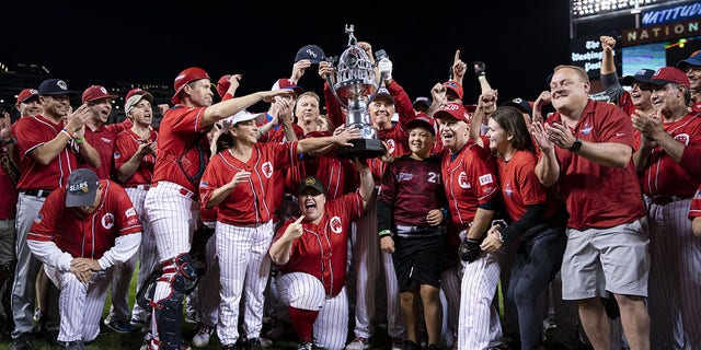 The Republicans celebrate following their 13-12 victory of the Congressional Baseball Game at Nationals Park in Washington on Sept. 29, 2021.