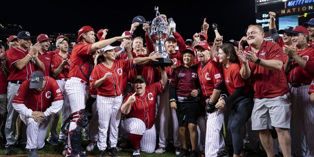 The Republicans celebrate following their 13-12 victory of the Congressional Baseball Game at Nationals Park in Washington on Sept. 29, 2021.