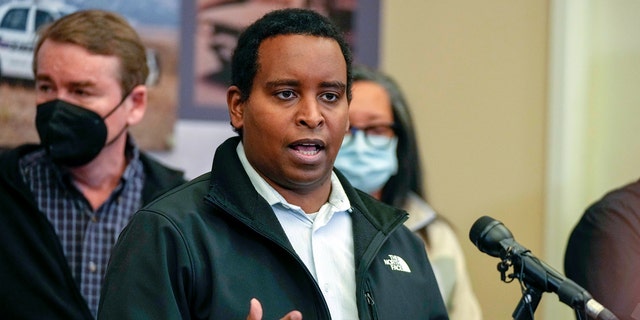 Rep. Joe Neguse, D-Colo., talks during a news conference updating the Colorado wildfire damage after touring the impacted area Jan. 2, 2022, in Boulder, Colo.