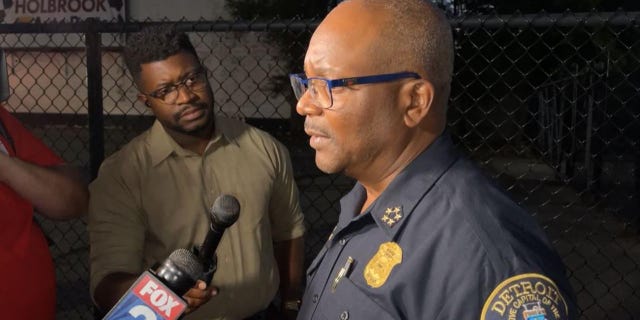 Detroit Police Chief James White delivers a press briefing. Officer Loren Courts was killed earlier this week.