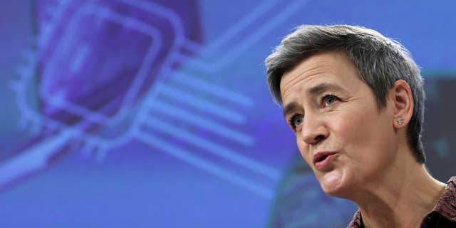 European Commission Vice President Margrethe Vestager holds a news conference on a plan to boost the chip industry, in Brussels, Belgium, on Feb. 8, 2022. 