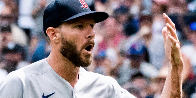 A close-up of Boston Red Sox starting pitcher Chris Sale as he comes off the mound after injuring his hand during the first inning of a game against the New York Yankees on Sunday, July 17, 2022, in New York City.