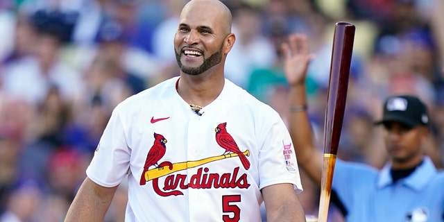 Albert Pujols of the National League of St. Louis Cardinals is smiling at the MLB All-Star Baseball Home Run Derby on Monday, July 18, 2022 in Los Angeles.