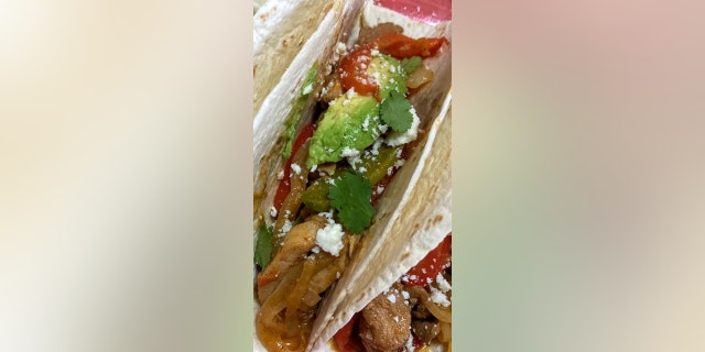 "Super Yummy Chicken Fajita Tacos" by Julie Park is a recipe that makes six servings.