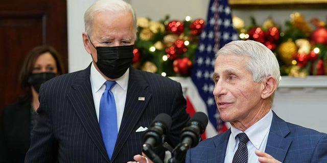 Chief Medical Advisor to the president Anthony Fauci speaks during a briefing on the Omicron Covid-19 variant, watched by US Vice President Kamala Harris (L) and President Joe Biden (C), in the Roosevelt Room of the White House in Washington, DC on November 29, 2021.