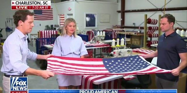 Co-founders of Allegiance Flag Supply demonstrate how to properly fold the American flag on "Fox and Friends Weekend" on July 2, 2022.